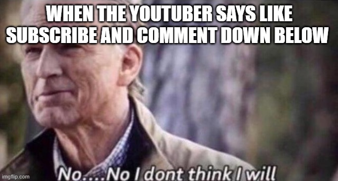 no i don't think i will | WHEN THE YOUTUBER SAYS LIKE SUBSCRIBE AND COMMENT DOWN BELOW | image tagged in no i don't think i will | made w/ Imgflip meme maker