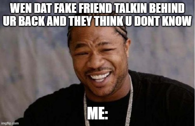 fake friends | WEN DAT FAKE FRIEND TALKIN BEHIND UR BACK AND THEY THINK U DONT KNOW; ME: | image tagged in memes,yo dawg heard you | made w/ Imgflip meme maker