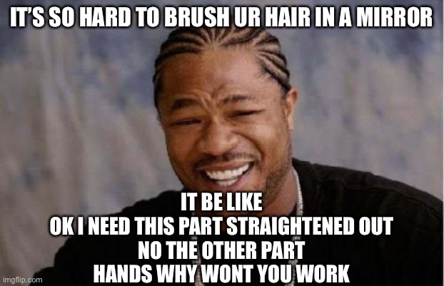 Yo Dawg Heard You Meme | IT’S SO HARD TO BRUSH UR HAIR IN A MIRROR; IT BE LIKE
OK I NEED THIS PART STRAIGHTENED OUT
NO THE OTHER PART
HANDS WHY WONT YOU WORK | image tagged in memes,yo dawg heard you | made w/ Imgflip meme maker