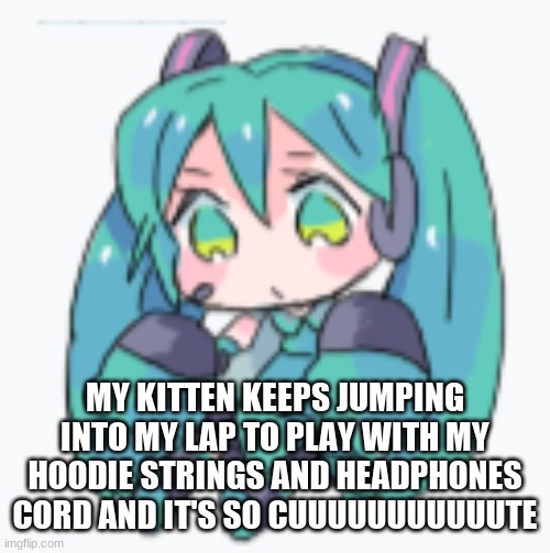 I'M LITERALLY DYING OF CUTENESS OVERLOAD- | MY KITTEN KEEPS JUMPING INTO MY LAP TO PLAY WITH MY HOODIE STRINGS AND HEADPHONES CORD AND IT'S SO CUUUUUUUUUUUTE | image tagged in hatsune miku shimeji | made w/ Imgflip meme maker