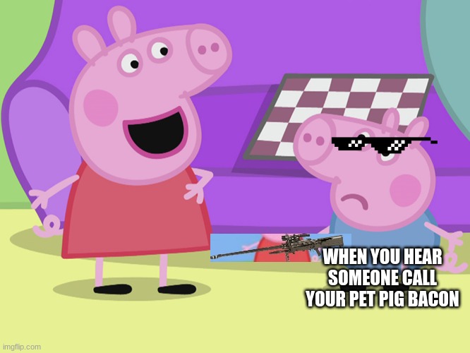 Peppa Pig and George | WHEN YOU HEAR SOMEONE CALL YOUR PET PIG BACON | image tagged in peppa pig and george | made w/ Imgflip meme maker