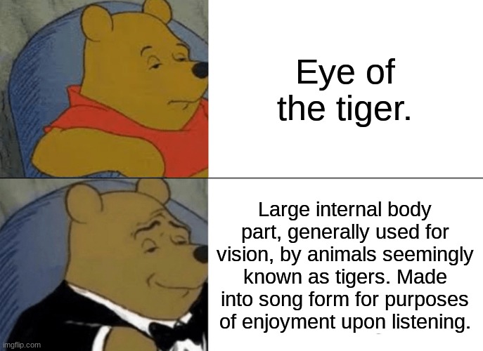 Tuxedo Winnie The Pooh | Eye of the tiger. Large internal body part, generally used for vision, by animals seemingly known as tigers. Made into song form for purposes of enjoyment upon listening. | image tagged in memes,tuxedo winnie the pooh | made w/ Imgflip meme maker