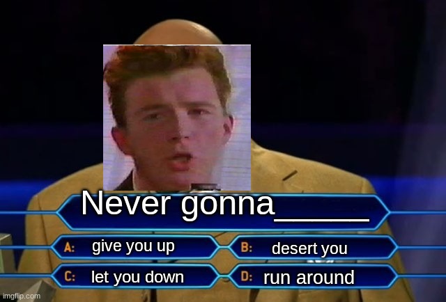 Never gonna | Never gonna_____; give you up; desert you; run around; let you down | image tagged in who wants to be a millionaire,rick astley,rickroll,memes,game | made w/ Imgflip meme maker