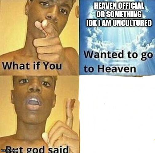 What if you wanted to go to Heaven | HEAVEN OFFICIAL OR SOMETHING IDK I AM UNCULTURED | image tagged in what if you wanted to go to heaven | made w/ Imgflip meme maker