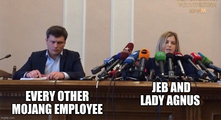 sad | JEB AND LADY AGNUS; EVERY OTHER MOJANG EMPLOYEE | image tagged in man and woman microphone,minecraft,employee of the month | made w/ Imgflip meme maker