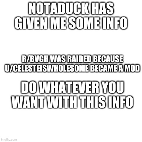 Everyone here probably knows this already | NOTADUCK HAS GIVEN ME SOME INFO; R/BVGH WAS RAIDED BECAUSE U/CELESTEISWHOLESOME BECAME A MOD; DO WHATEVER YOU WANT WITH THIS INFO | image tagged in memes,blank transparent square | made w/ Imgflip meme maker