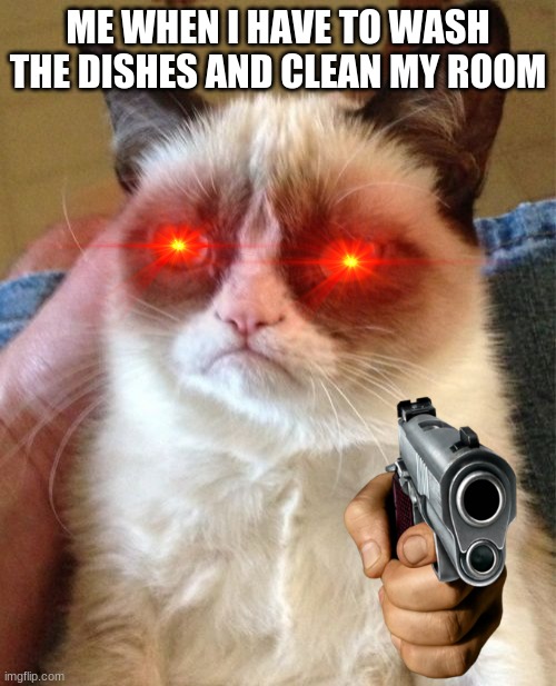 Grumpy Cat | ME WHEN I HAVE TO WASH THE DISHES AND CLEAN MY ROOM | image tagged in memes,grumpy cat | made w/ Imgflip meme maker