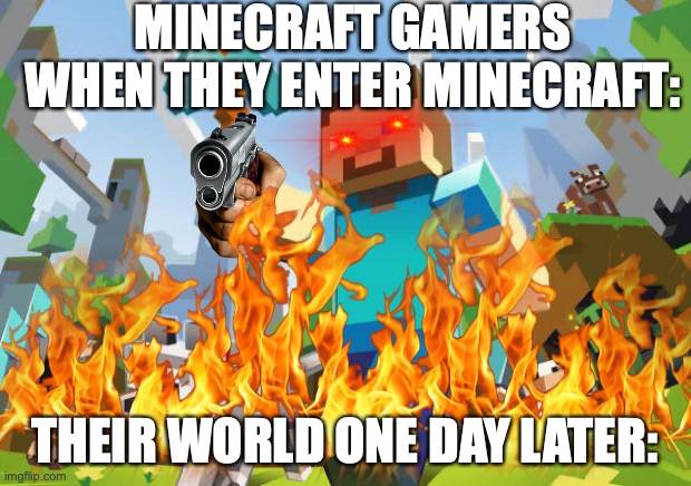 MINECRAFT GAMERS WHEN THEY ENTER MINECRAFT:; THEIR WORLD ONE DAY LATER: | image tagged in minecraft steve | made w/ Imgflip meme maker