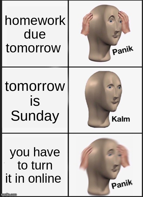 homework | homework due tomorrow; tomorrow is Sunday; you have to turn it in online | image tagged in memes,panik kalm panik | made w/ Imgflip meme maker