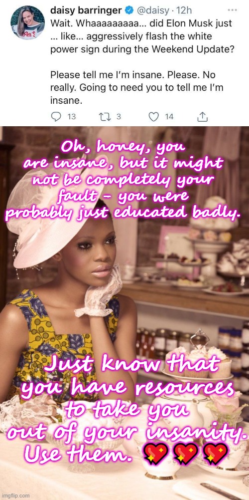 I can't even get mad anymore. We have simply failed an entire generation. | Oh, honey, you are insane, but it might not be completely your fault - you were probably just educated badly. Just know that you have resources to take you out of your insanity. Use them. 💖💖💖 | image tagged in black woman having tea | made w/ Imgflip meme maker