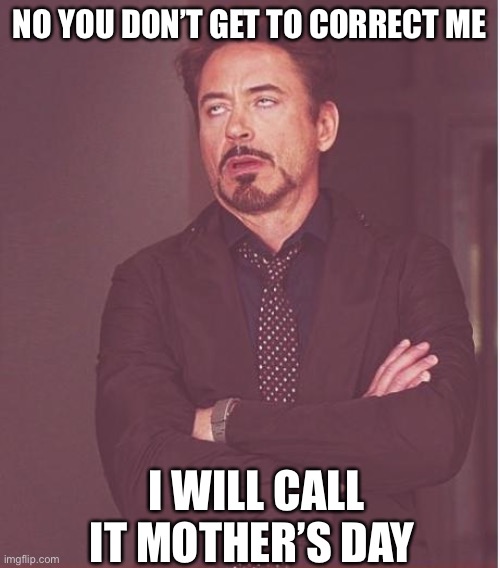 Face You Make Robert Downey Jr Meme | NO YOU DON’T GET TO CORRECT ME I WILL CALL IT MOTHER’S DAY | image tagged in memes,face you make robert downey jr | made w/ Imgflip meme maker