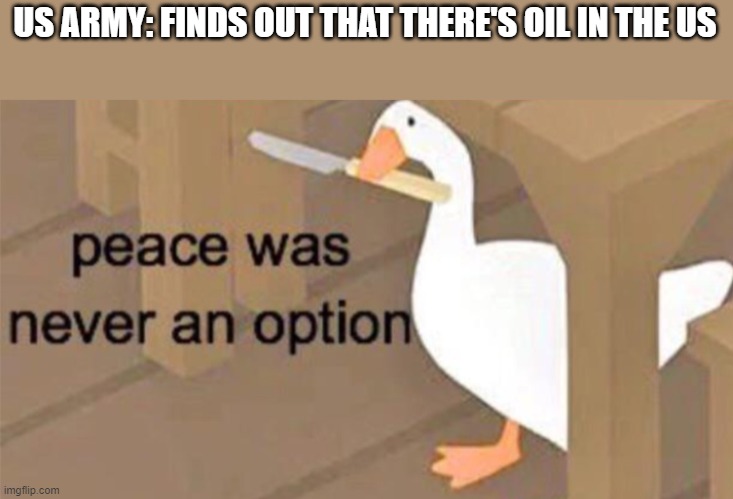 Untitled Goose Peace Was Never an Option | US ARMY: FINDS OUT THAT THERE'S OIL IN THE US | image tagged in untitled goose peace was never an option | made w/ Imgflip meme maker
