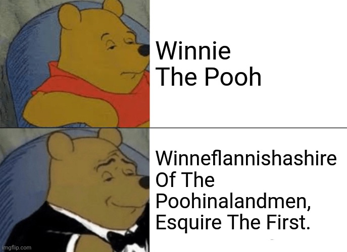 Winnie The Pooh | Winnie The Pooh; Winneflannishashire Of The Poohinalandmen, Esquire The First. | image tagged in memes,tuxedo winnie the pooh,name | made w/ Imgflip meme maker
