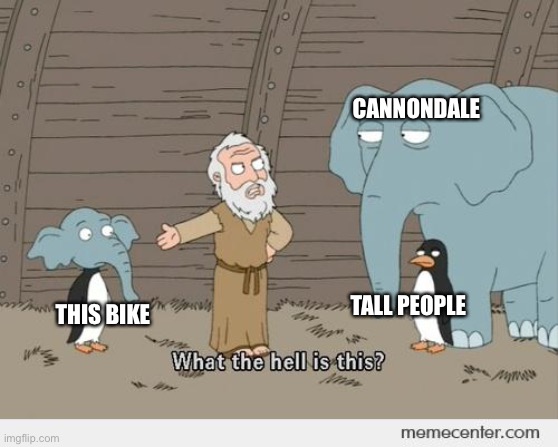 Family guy Noah's ark | CANNONDALE; TALL PEOPLE; THIS BIKE | image tagged in family guy noah's ark | made w/ Imgflip meme maker