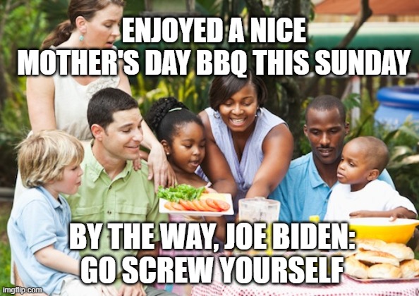 Mother's Day & BBQ | ENJOYED A NICE MOTHER'S DAY BBQ THIS SUNDAY; BY THE WAY, JOE BIDEN:
GO SCREW YOURSELF | image tagged in biden,fauci,corona,covid-19,masks,liberals | made w/ Imgflip meme maker