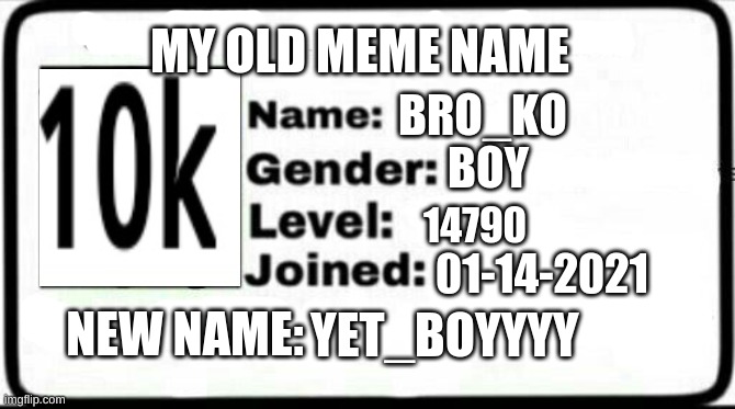 I CHANGE MY NAME | MY OLD MEME NAME; BRO_KO; BOY; 14790; 01-14-2021; NEW NAME:; YET_BOYYYY | image tagged in meme stealing license,my new name,10k | made w/ Imgflip meme maker