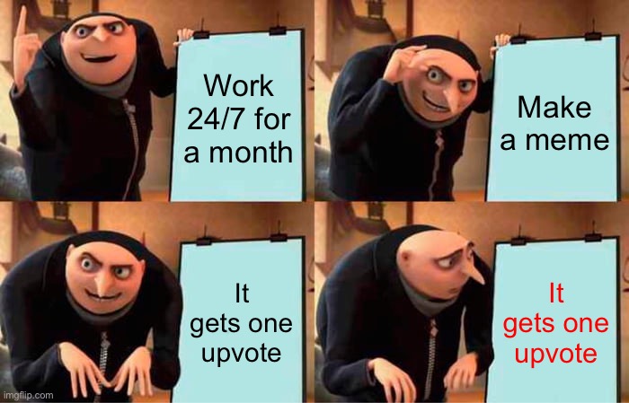 Gru's Plan | Work 24/7 for a month; Make a meme; It gets one upvote; It gets one upvote | image tagged in memes,gru's plan | made w/ Imgflip meme maker
