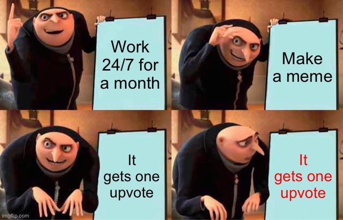 Gru's Plan Meme | Work 24/7 for a month; Make a meme; It gets one upvote; It gets one upvote | image tagged in memes,gru's plan | made w/ Imgflip meme maker