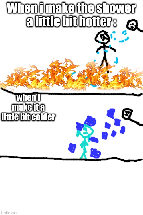 my drawing skills are trash | When i make the shower a little bit hotter :; when i make it a little bit colder | image tagged in blank white template | made w/ Imgflip meme maker