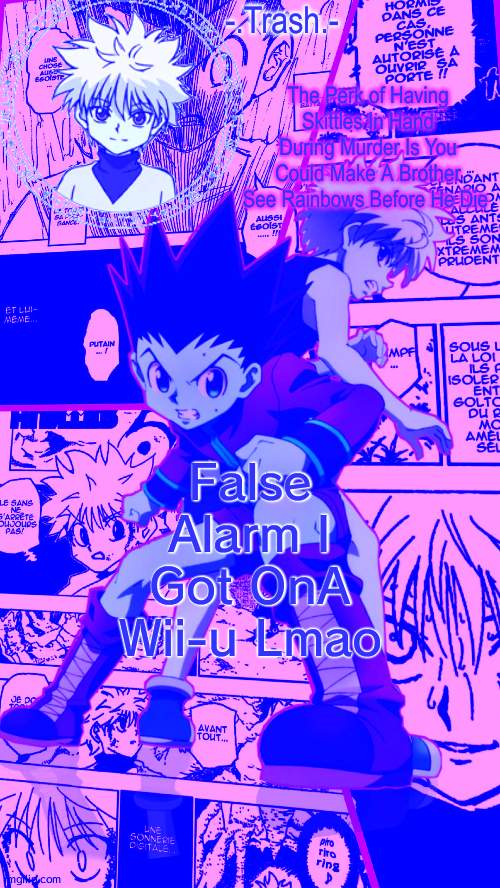 the colors are weird but idc | False Alarm I Got OnA Wii-u Lmao | image tagged in gon and killua temp d | made w/ Imgflip meme maker