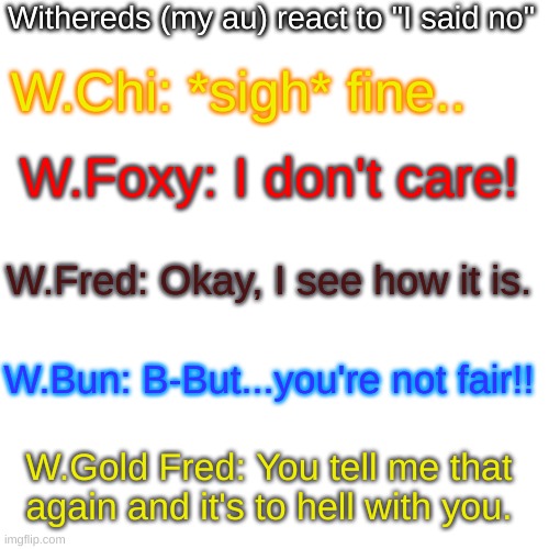 Eh, why not (sorry for Goldie's language) | Withereds (my au) react to "I said no"; W.Chi: *sigh* fine.. W.Foxy: I don't care! W.Fred: Okay, I see how it is. W.Bun: B-But...you're not fair!! W.Gold Fred: You tell me that again and it's to hell with you. | image tagged in memes,blank transparent square | made w/ Imgflip meme maker