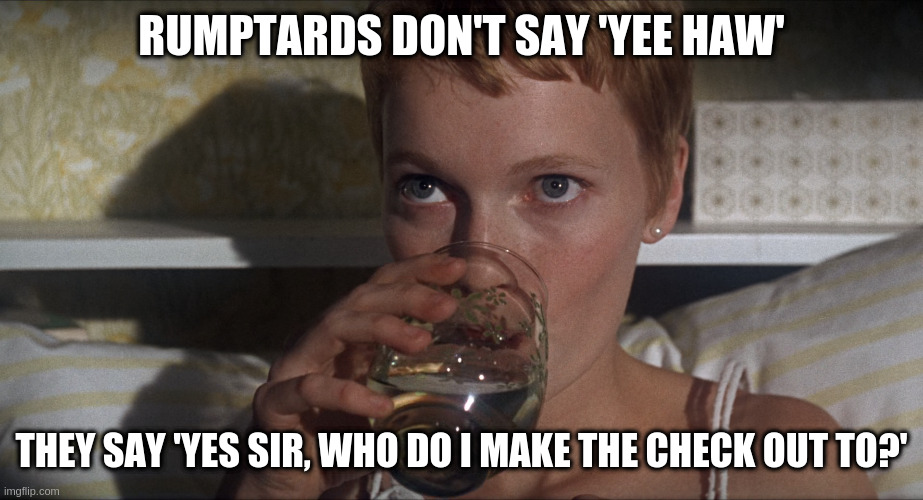 Rosemary | RUMPTARDS DON'T SAY 'YEE HAW'; THEY SAY 'YES SIR, WHO DO I MAKE THE CHECK OUT TO?' | image tagged in rosemary | made w/ Imgflip meme maker