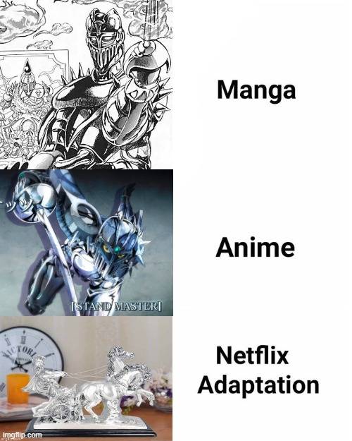 Credits to MrRandomness for the idea | image tagged in netflix adaptation,silver chariot,stand,manga,anime,jojo's bizarre adventure | made w/ Imgflip meme maker