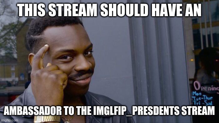 We should have an ambassador | THIS STREAM SHOULD HAVE AN; AMBASSADOR TO THE IMGLFIP_PRESDENTS STREAM | image tagged in memes,roll safe think about it | made w/ Imgflip meme maker