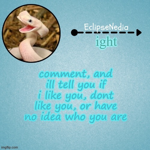 yes | ight; comment, and ill tell you if i like you, dont like you, or have no idea who you are | image tagged in eclipsenedia snek template | made w/ Imgflip meme maker