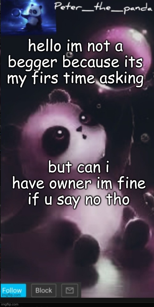 Peter_the_panda template | hello im not a begger because its my firs time asking; but can i have owner im fine if u say no tho | image tagged in peter_the_panda template | made w/ Imgflip meme maker