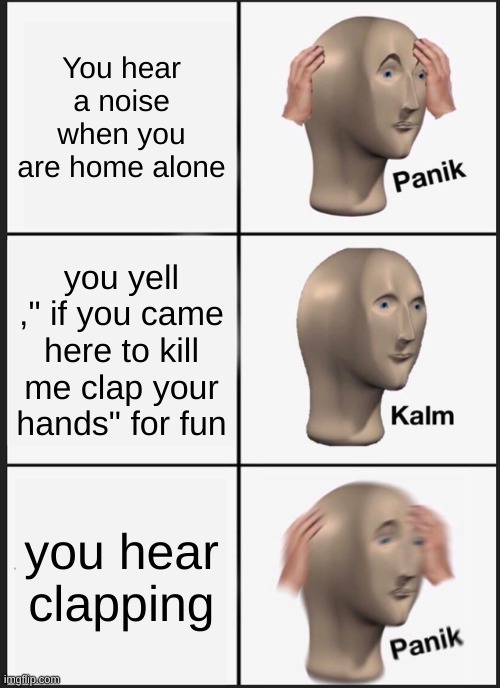 home alone | You hear a noise when you are home alone; you yell ," if you came here to kill me clap your hands" for fun; you hear clapping | image tagged in memes,panik kalm panik | made w/ Imgflip meme maker