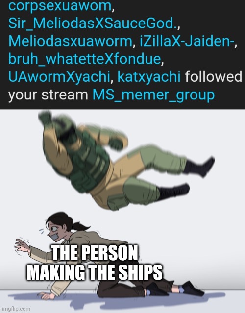 Aight stop, it aint funny anymore | THE PERSON MAKING THE SHIPS | image tagged in rainbow six - fuze the hostage | made w/ Imgflip meme maker