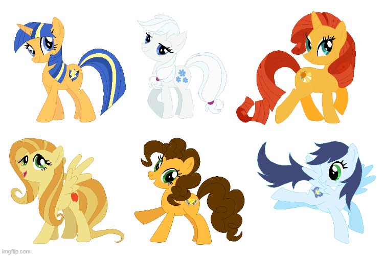 Mane 6 Stallion Sidekicks recolors | image tagged in rarity,applejack,pinkie pie,twilight sparkle,rainbow dash,fluttershy | made w/ Imgflip meme maker