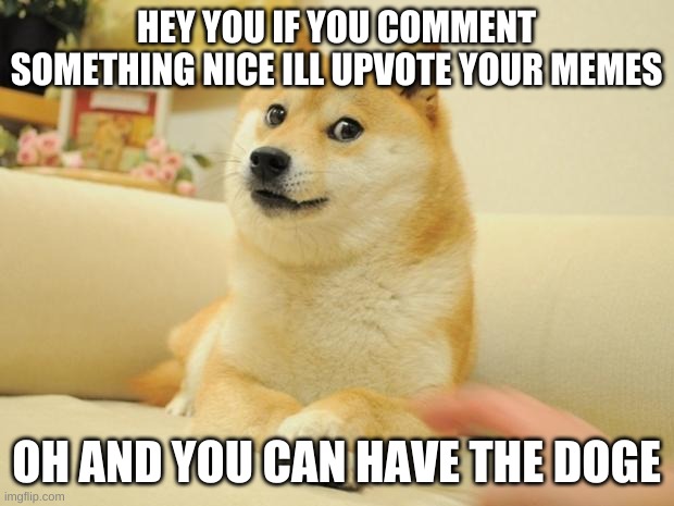 Doge 2 | HEY YOU IF YOU COMMENT SOMETHING NICE ILL UPVOTE YOUR MEMES; OH AND YOU CAN HAVE THE DOGE | image tagged in memes,doge 2 | made w/ Imgflip meme maker
