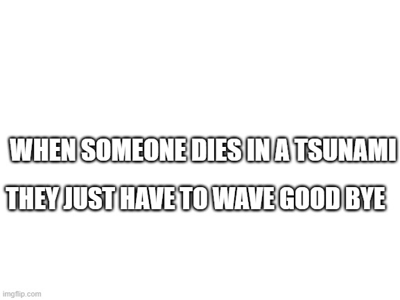 Blank White Template | WHEN SOMEONE DIES IN A TSUNAMI; THEY JUST HAVE TO WAVE GOOD BYE | image tagged in blank white template | made w/ Imgflip meme maker