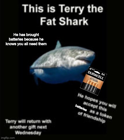 Have a gift | He has brought batteries because he knows you all need them; batteries | image tagged in terry the fat shark,batteries,shark | made w/ Imgflip meme maker