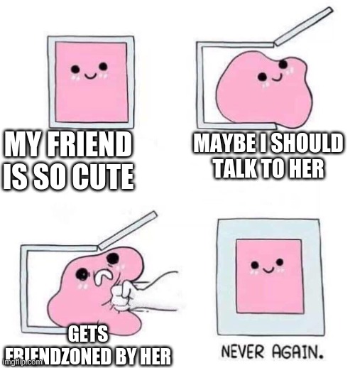 Getting friendzoned | MY FRIEND IS SO CUTE; MAYBE I SHOULD TALK TO HER; GETS FRIENDZONED BY HER | image tagged in never again | made w/ Imgflip meme maker