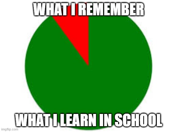 Pie chart | WHAT I REMEMBER; WHAT I LEARN IN SCHOOL | image tagged in pie chart | made w/ Imgflip meme maker