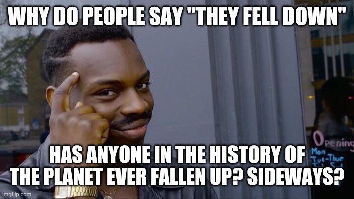 You've never met a millionaire of dollars, they are just millionaires. So why do we need to qualify the direction we fall? | WHY DO PEOPLE SAY "THEY FELL DOWN"; HAS ANYONE IN THE HISTORY OF THE PLANET EVER FALLEN UP? SIDEWAYS? | image tagged in memes,roll safe think about it,words,language | made w/ Imgflip meme maker