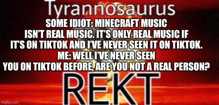 Down with tiktok | SOME IDIOT: MINECRAFT MUSIC ISN’T REAL MUSIC. IT’S ONLY REAL MUSIC IF IT’S ON TIKTOK AND I’VE NEVER SEEN IT ON TIKTOK.
ME: WELL I’VE NEVER SEEN YOU ON TIKTOK BEFORE, ARE YOU NOT A REAL PERSON? | image tagged in tyrannosaurus rekt | made w/ Imgflip meme maker