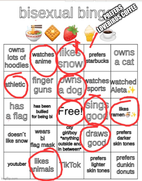 I Really Like Doing The Bingos......And Then I Found This. *Instant Love* | PREFERS LOVEBIRDS COFFEE | image tagged in bi bingo | made w/ Imgflip meme maker