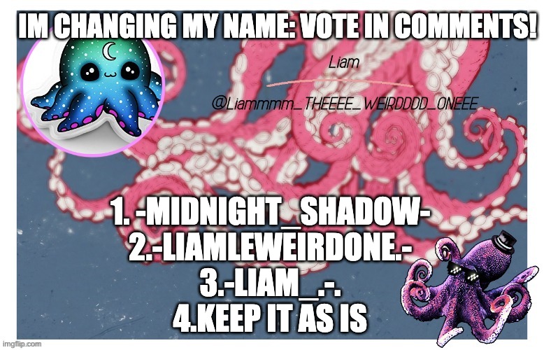 vote pleeese | IM CHANGING MY NAME: VOTE IN COMMENTS! 1. -MIDNIGHT_SHADOW-
2.-LIAMLEWEIRDONE.-
3.-LIAM_.-.
4.KEEP IT AS IS | image tagged in liam_the_weird_one s announcement template | made w/ Imgflip meme maker