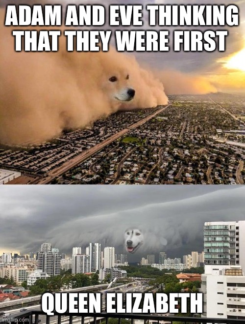 dust storm 2 panels | ADAM AND EVE THINKING THAT THEY WERE FIRST; QUEEN ELIZABETH | image tagged in dust storm 2 panels | made w/ Imgflip meme maker