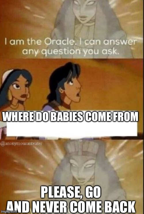 Run fast | WHERE DO BABIES COME FROM; PLEASE, GO AND NEVER COME BACK | image tagged in the oracle | made w/ Imgflip meme maker