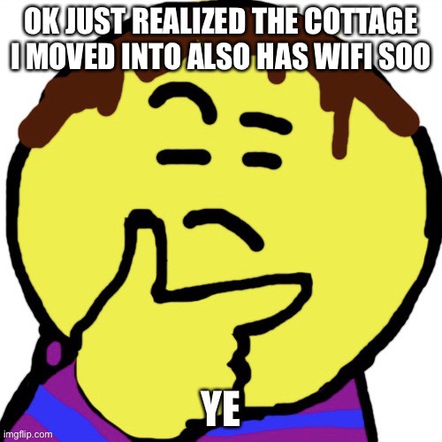 Welp, even more funny time | OK JUST REALIZED THE COTTAGE I MOVED INTO ALSO HAS WIFI SOO; YE | image tagged in thonk frisk | made w/ Imgflip meme maker