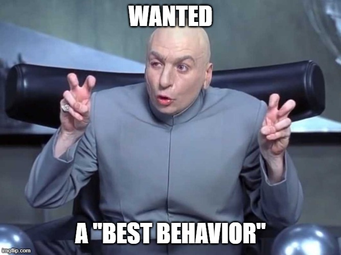 A "best behavior" wanted ad | WANTED; A "BEST BEHAVIOR" | image tagged in dr evil air quotes,best behavior,wanted | made w/ Imgflip meme maker