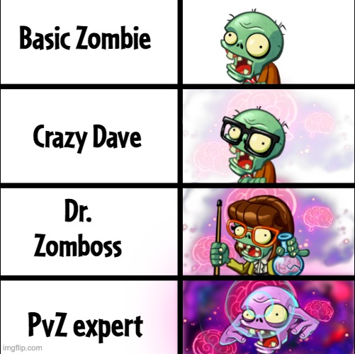 IQ comparison as PvZ | Basic Zombie; Crazy Dave; Dr. Zomboss; PvZ expert | image tagged in pvz heroes levels of smort | made w/ Imgflip meme maker