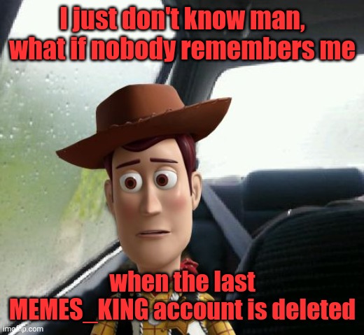 Introspective Woody | I just don't know man, what if nobody remembers me when the last MEMES_KING account is deleted | image tagged in introspective woody | made w/ Imgflip meme maker