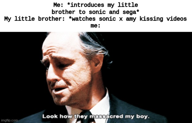 Why ;-; | Me: *introduces my little brother to sonic and sega*
My little brother: *watches sonic x amy kissing videos
me: | image tagged in look how they massacred my boy | made w/ Imgflip meme maker