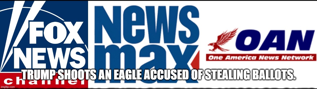 Fox, Newsmax, OAN right wing cable TV news | TRUMP SHOOTS AN EAGLE ACCUSED OF STEALING BALLOTS. | image tagged in fox newsmax oan right wing cable tv news | made w/ Imgflip meme maker